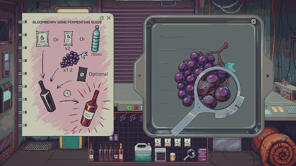 Pixel-art wine lab screen shows a Bloomberry Wine Fermenting Guide beside grapes in a tray, with tools and bottles below.