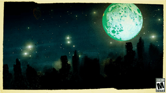 Glowing green moon over a starry night sky above dark treetops, with a Mature 17+ rating icon in the bottom right.