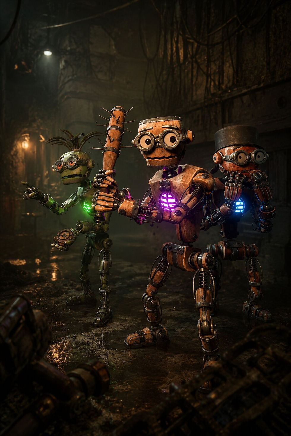 Grain Rot key art showing three improvised robots armed with scavenged weapons creeping through a dark industrial warehouse, with one carrying a glowing purple power core while eerie green lighting hints at lurking danger.