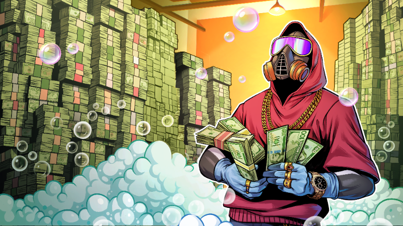 Stylized masked criminal surrounded by massive stacks of cash and bubbles in Cash Cleaner Simulator artwork, representing money laundering and criminal wealth.