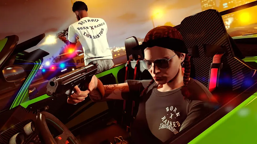 Players escaping police during a GTA Online Auto Shop robbery contract, with armed criminals fleeing in a high-performance sports car during Los Santos Tuners missions.