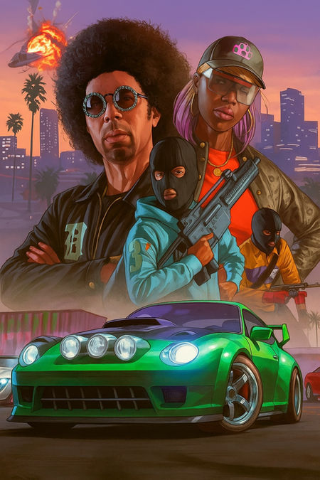 Promotional artwork for GTA Online: Los Santos Tuners featuring multiple customized tuner cars in a neon-lit Los Santos street scene. In the foreground, a bright green rally-style tuner car and a yellow sports coupe are parked, while masked criminals holding weapons stand behind them. A man with a large afro and sunglasses and a woman in streetwear overlook the scene, with the Grand Theft Auto Online: Los Santos Tuners logo prominently displayed against a purple city skyline backdrop.