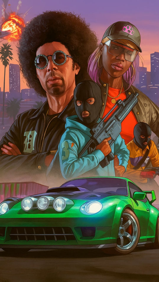 Promotional artwork for GTA Online: Los Santos Tuners featuring multiple customized tuner cars in a neon-lit Los Santos street scene. In the foreground, a bright green rally-style tuner car and a yellow sports coupe are parked, while masked criminals holding weapons stand behind them. A man with a large afro and sunglasses and a woman in streetwear overlook the scene, with the Grand Theft Auto Online: Los Santos Tuners logo prominently displayed against a purple city skyline backdrop.
