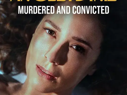 Promotional poster for HBO Original Ângela Diniz: Murdered and Convicted, showing a close-up of a woman with curly hair lying in soft light, her expression calm but intense, symbolizing both beauty and tragedy.