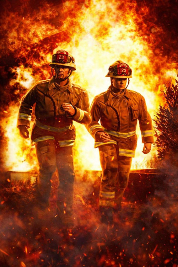 Two GTA Online firefighters in full turnout gear stride toward the camera as a massive explosion of fire and smoke erupts behind them, cinematic action-movie style with intense orange flames and flying embers.