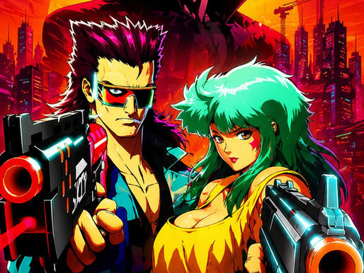 Cyberpunk anime-style movie poster featuring a mullet-haired gunman and a green-haired femme fatale aiming futuristic weapons toward the viewer, with a towering robotic overlord looming behind them against a neon city skyline and blazing sunset backdrop.