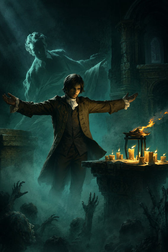 Necromancer performing a dark ritual inside a ruined gothic temple while undead creatures rise from the mist in The Necromancer's Tale