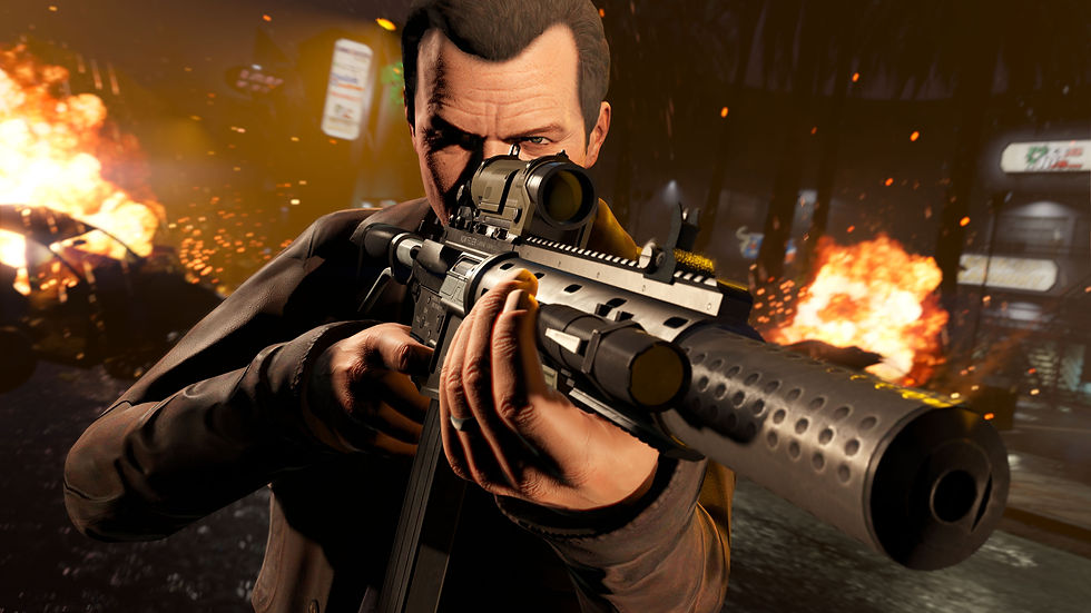 Michael aiming a rifle during an explosive firefight in GTA V Enhanced, with burning wreckage and sparks lighting up Los Santos at night.