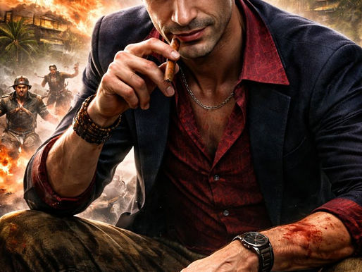 Portrait-style image of Hoyt Volker from Far Cry 3, seated calmly with a cigar and knife, mercenaries and explosions raging behind him on a tropical island, conveying control amid chaos.
