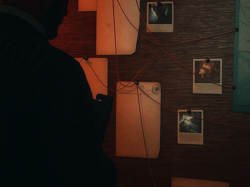 A noir-style detective in a fedora stands in front of a corkboard covered in papers, photos, and red string connections under moody orange lighting.