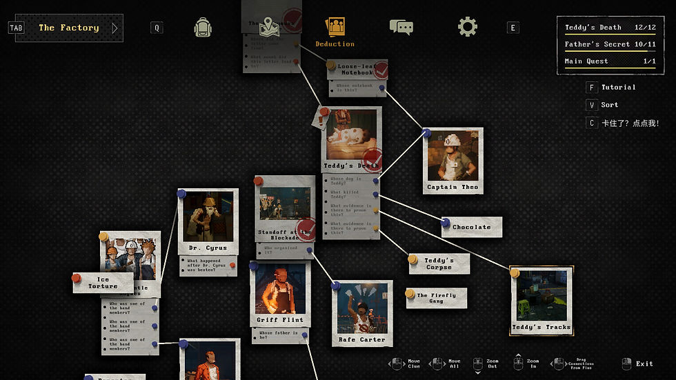 The deduction board in Kill The Shadow connects evidence, suspects and crime scene clues with strings and pinned notes, allowing players to reconstruct a murder investigation by linking discoveries into a larger conspiracy.