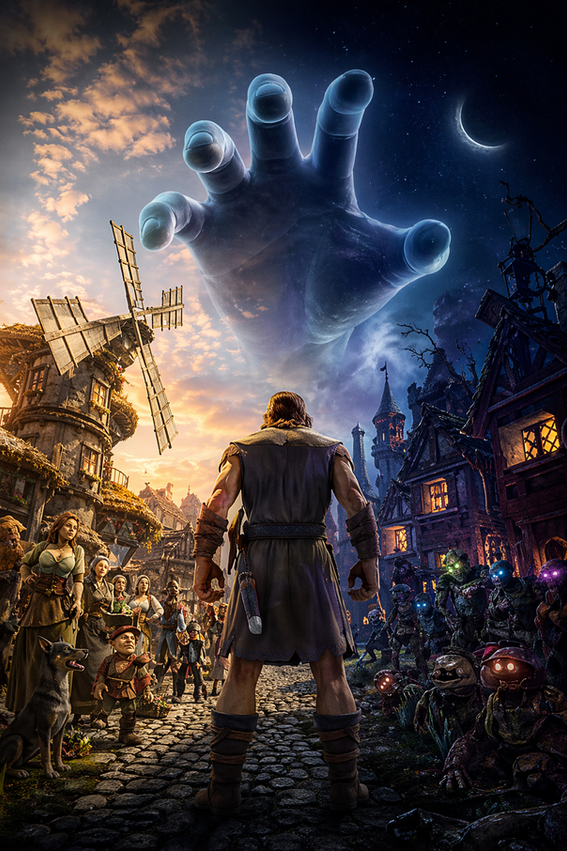 Cinematic fantasy scene of a medieval village split between daylight and darkness, with a muscular figure standing in the center facing a crowd of villagers on one side and glowing-eyed monsters on the other, while a giant spectral hand looms in the sky above, suggesting god-like control and impending chaos.