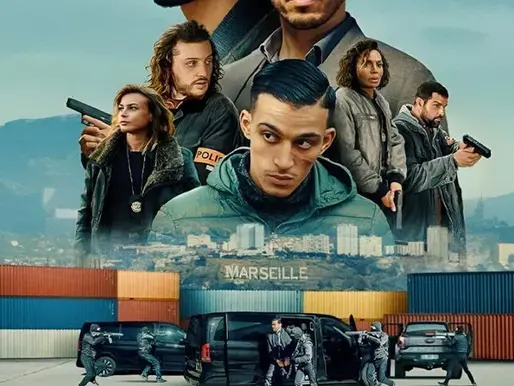Poster for Netflix’s “Blood Coast” featuring the main cast against the Marseille skyline. Several armed characters stand in front of shipping containers and vans, suggesting a tense criminal standoff.