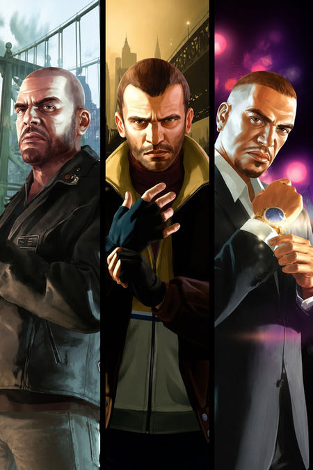 A gritty cinematic poster of Liberty City at night featuring three hardened criminals standing in separate vertical panels against a dark urban skyline. The central figure wears a brown jacket and gloves, flanked by a stern biker and a sharply dressed nightclub enforcer. Neon reflections, city lights, and noir shadows create a tense crime-thriller atmosphere inspired by classic gangster cinema.