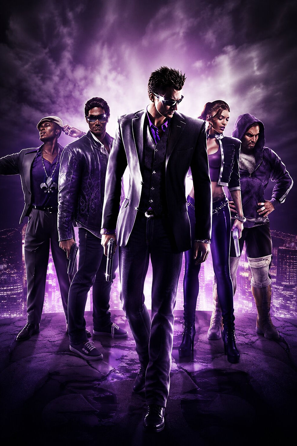 Movie-poster-style artwork of the Saints Row: The Third crew standing confidently in purple-themed suits and streetwear, capturing the game's chaotic open-world crime, gang warfare, and over-the-top criminal empire fantasy.