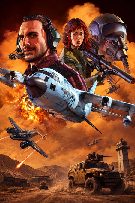 GTA Online Oscar Guzman Flies Again artwork featuring Oscar, a female operative and armored pilot above a Titan cargo plane, military aircraft, helicopters and explosions over an airfield.