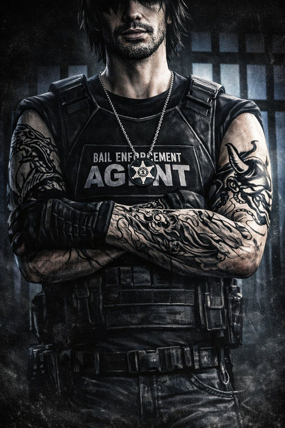 Bail enforcement agent with crossed arms in a dark jail setting, wearing tactical gear and tattoos visible, cinematic blue lighting and gritty atmosphere.