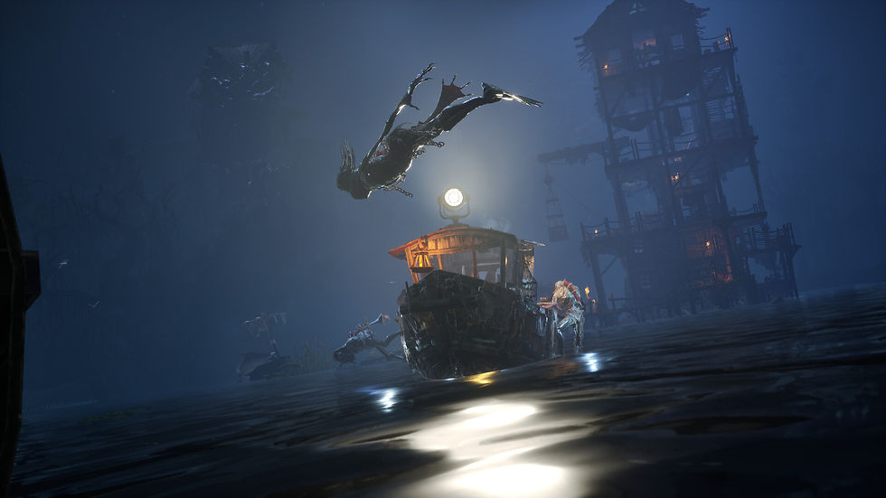 DREADMOOR screenshot showing a grotesque mutated creature leaping above a fishing trawler in a fog-covered settlement, with a towering wooden structure looming in the background.