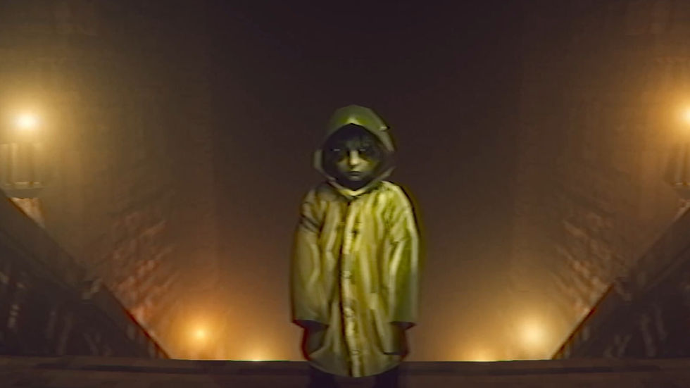 A hooded crew member stands alone in a dim, fog-filled submarine corridor illuminated by sickly yellow lights in Static Dread: The Submarine.