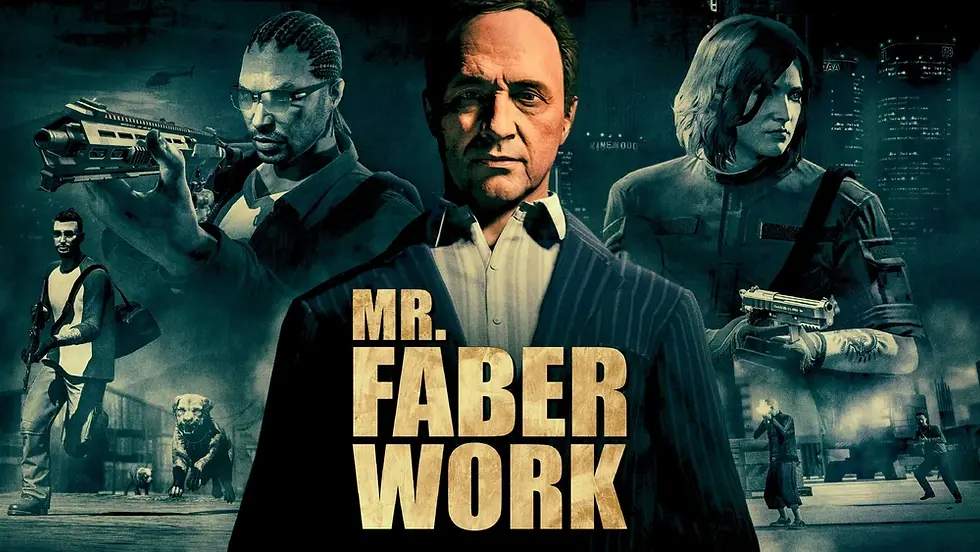 A stern middle-aged man in a pinstripe suit stands front and center under moody teal lighting, flanked by two armed associates in the shadows — one aiming a rifle, the other gripping a pistol — against a dark city skyline, evoking a gritty crime-thriller atmosphere.