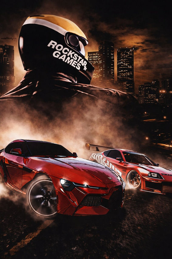 GTA Online Drift Races promotional artwork featuring two red sports cars drifting through a smoky night city while a helmeted driver with Rockstar branding overlooks the skyline in the background