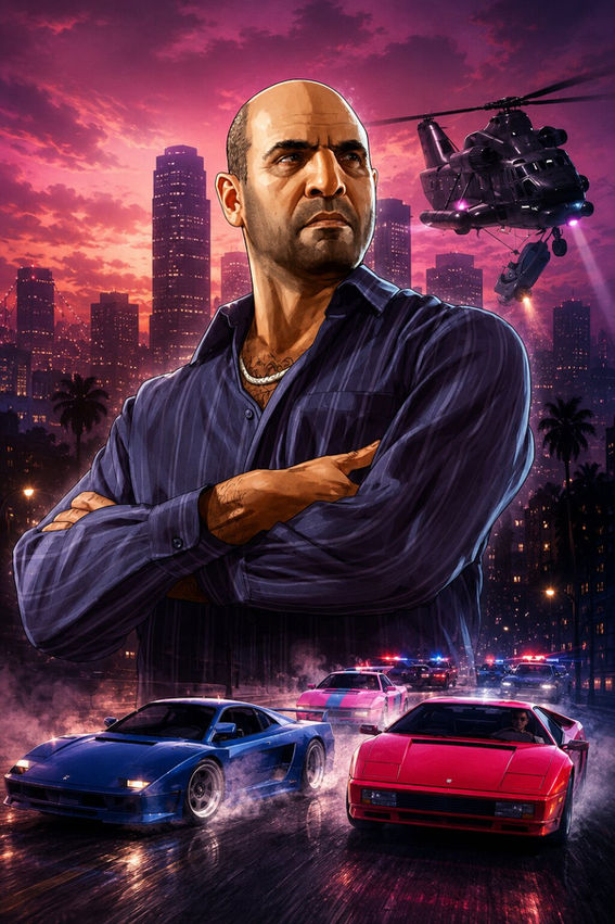 Stylized GTA Online Premium Deluxe Repo Work poster featuring Simeon Yetarian standing over a neon-lit Los Santos skyline while two classic supercars race through a police chase below and a Cargobob helicopter transports a stolen vehicle overhead.