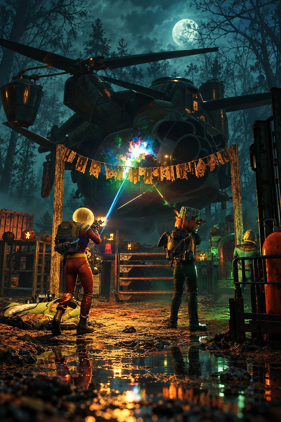 Fallout 76 Mischief Night at Rapidan Camp, with costumed wastelanders firing at a massive Vertibird beneath Halloween decorations and an eerie moonlit sky.