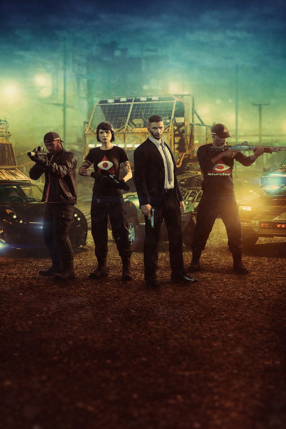 GTA Online Special Vehicle Work promotional artwork showing a four-person crew armed and ready in front of weaponized vehicles like the Ramp Buggy and Phantom Wedge, with 2X rewards highlighted in the corner, set in a neon-lit industrial night scene.