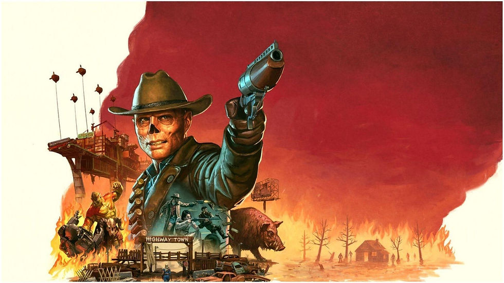Fallout 76 Burning Springs artwork featuring The Ghoul aiming a revolver at the viewer against a fiery red wasteland, with raiders, wrecked cars and a mutated boar below.
