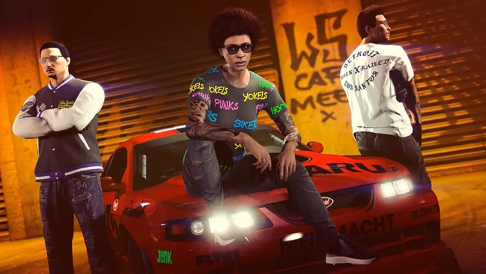 GTA Online character posing beside a customized Comet S2 at the LS Car Meet with Los Santos Tuners clothing rewards and underground car culture aesthetic.