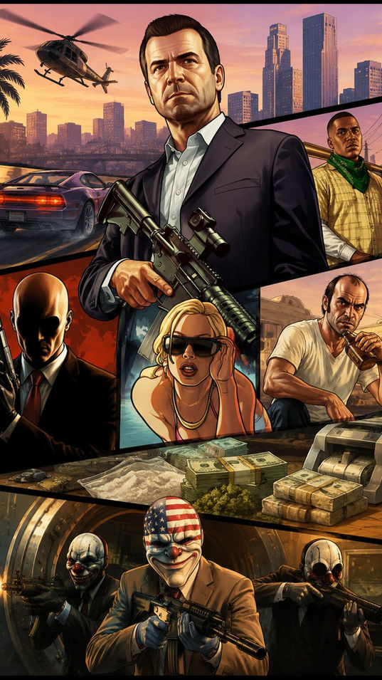 Stylized action artwork featuring armed criminals during a high-stakes heist, with gunfire, flying cash, and fast-paced chaos in a neon-lit environment inspired by crime and robbery games.