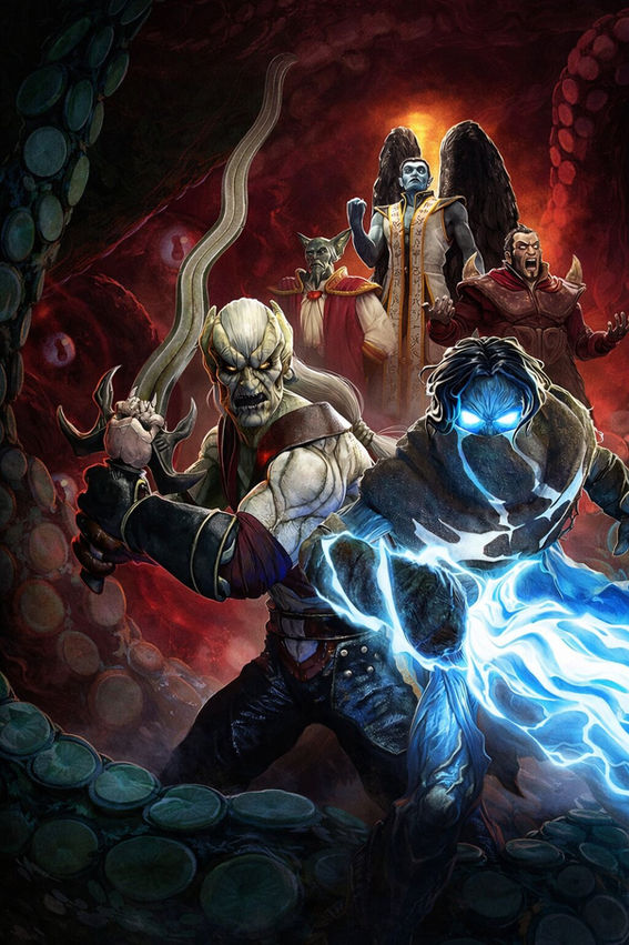 Legacy of Kain: Defiance Remastered key art featuring Kain wielding a blade and Raziel glowing with blue spectral energy, surrounded by gothic villains and dark tentacled horrors in a fiery Nosgoth backdrop.