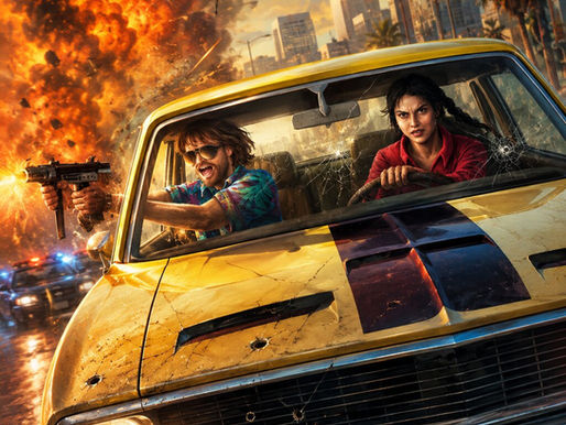 Movie poster-style artwork inspired by The Henchmen featuring a battered yellow muscle car speeding through a city during a chaotic police chase. A shouting gunman leans out of the passenger window firing an SMG while a focused driver grips the wheel. Explosions erupt behind them as police cars and a helicopter close in, creating a dramatic retro crime-action atmosphere.
