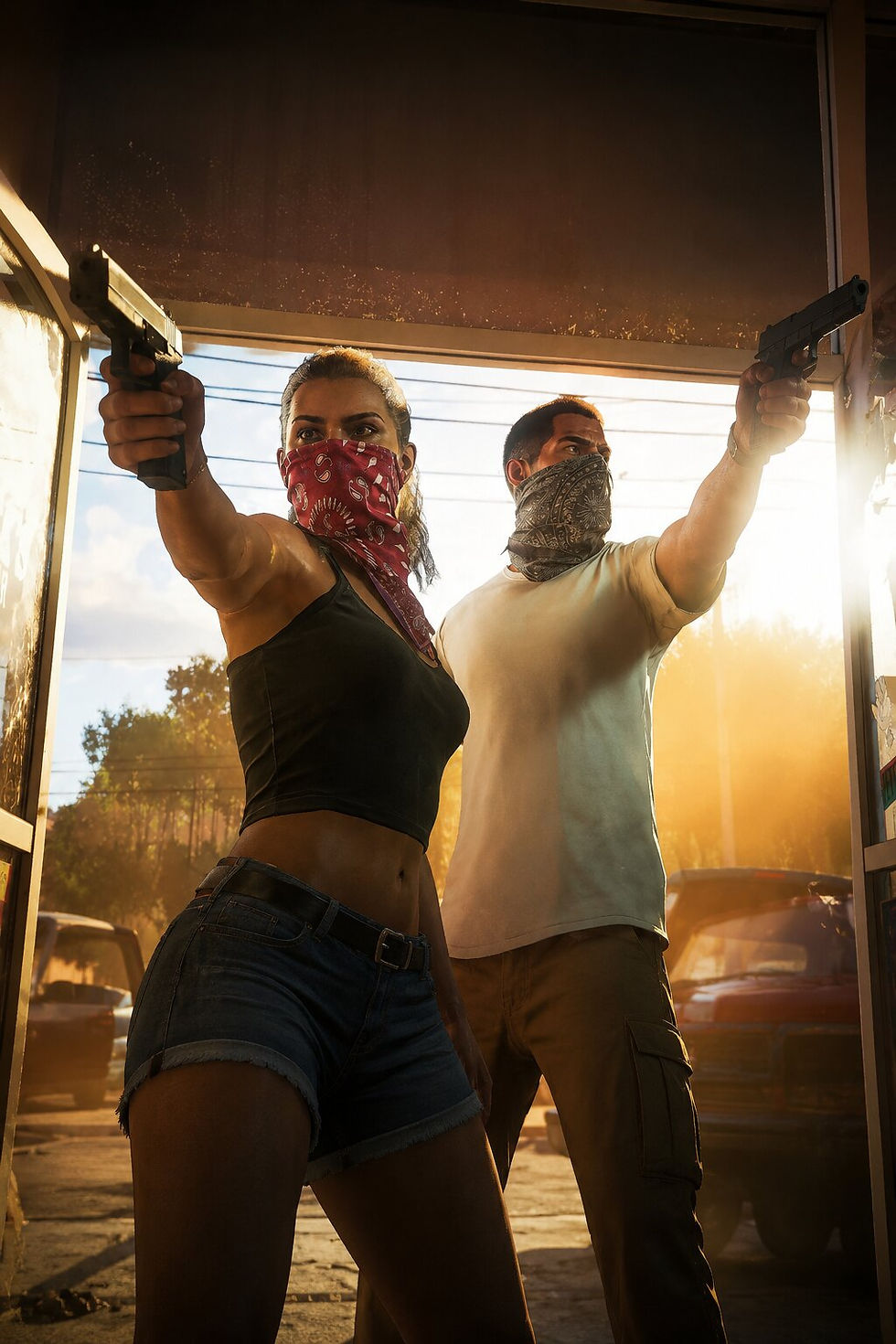Masked GTA 6 protagonists Lucia and Jason aiming handguns during a convenience store robbery.