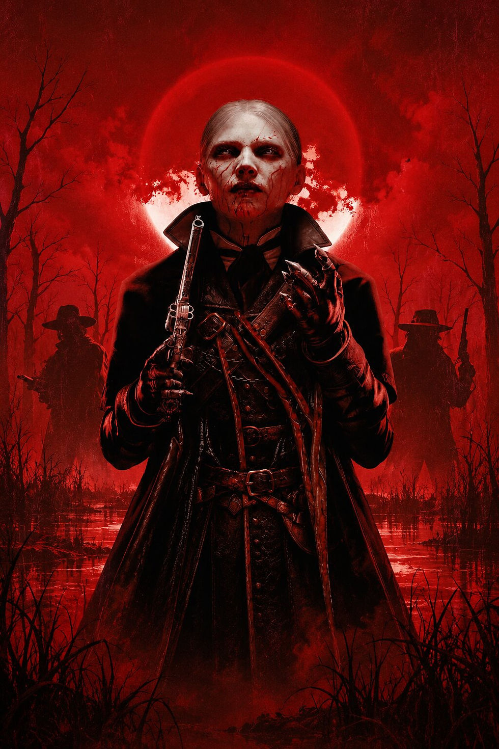Pale, bloodstained gunslinger holding a revolver beneath a glowing red moon, with two shadowy hunters standing in a crimson swamp.