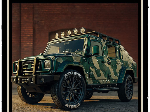 A dramatic movie-style poster featuring the Mammoth Patriot Mil-Spec, a rugged, camouflaged armored vehicle from GTA Online. The vehicle is centered in the frame, posed aggressively against a brick wall backdrop under golden sunlight. The bold titles “PATRIOT MIL-SPEC” and “MAMMOTH” frame the image, giving it a gritty, action-movie aesthetic.