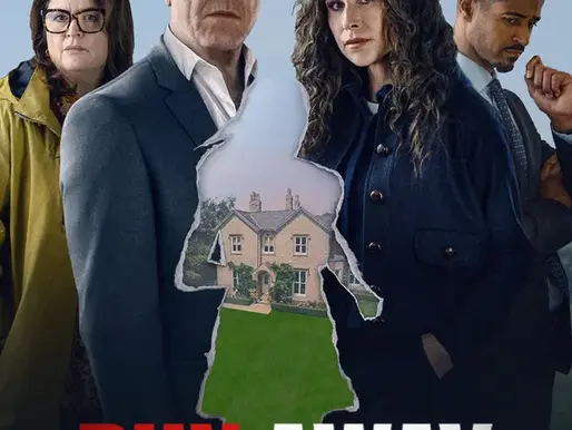 Promotional poster for Run Away Season 1 showing four tense adults standing against a pale sky, split by a torn silhouette revealing a suburban house and lawn, symbolizing a fractured family and hidden crime beneath a perfect home.