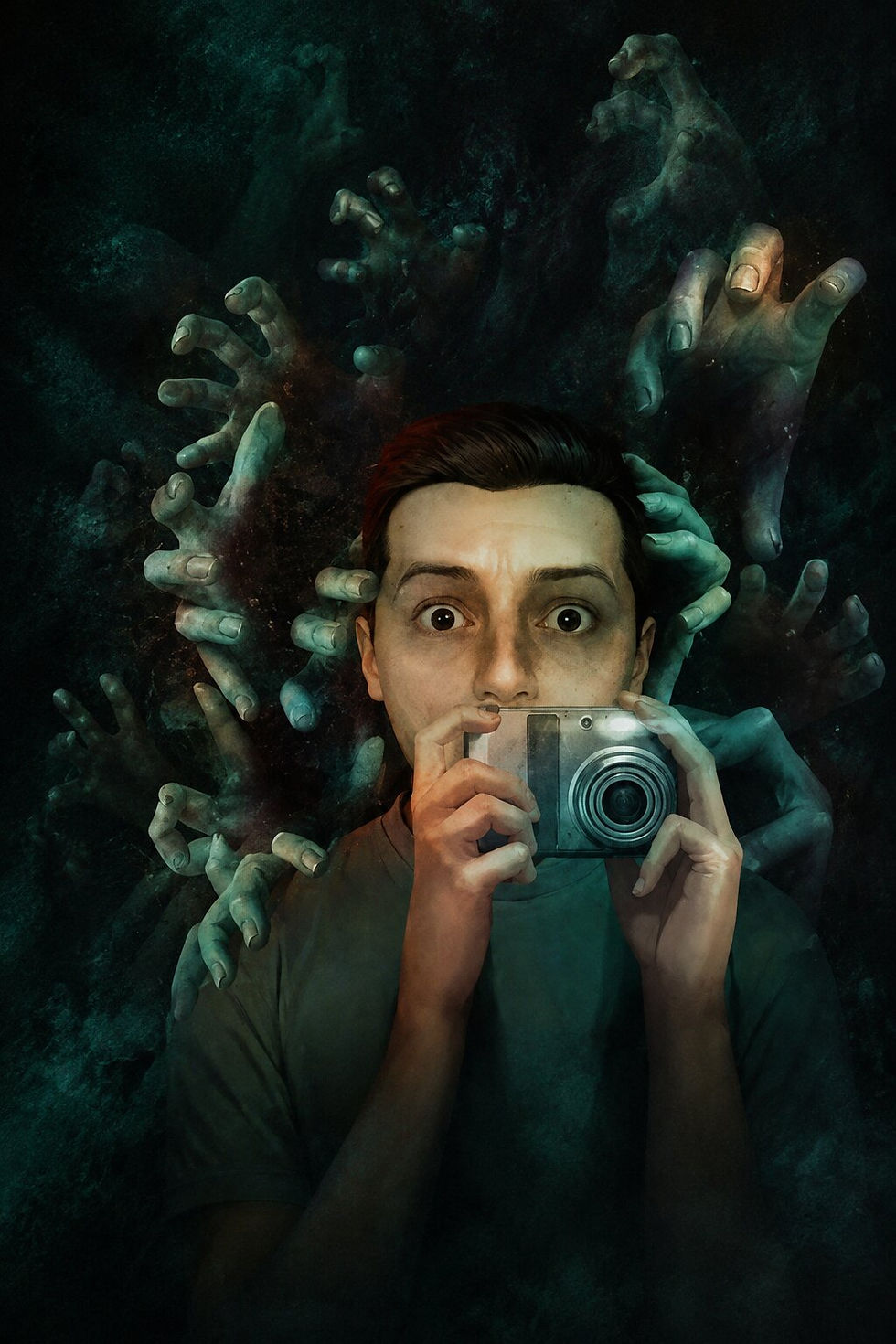 Terrified photographer clutches a camera as dozens of rotting, ghostly green hands reach from the darkness in Shutter Story's psychological horror artwork.