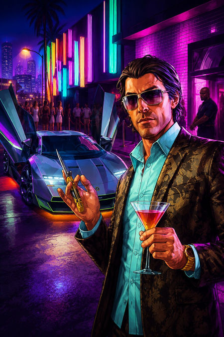 Stylized GTA Online nightclub poster featuring a wealthy criminal outside a neon-lit club holding a cocktail and switchblade beside a luxury supercar, with vibrant synthwave city lights and nightclub crowds in the background.