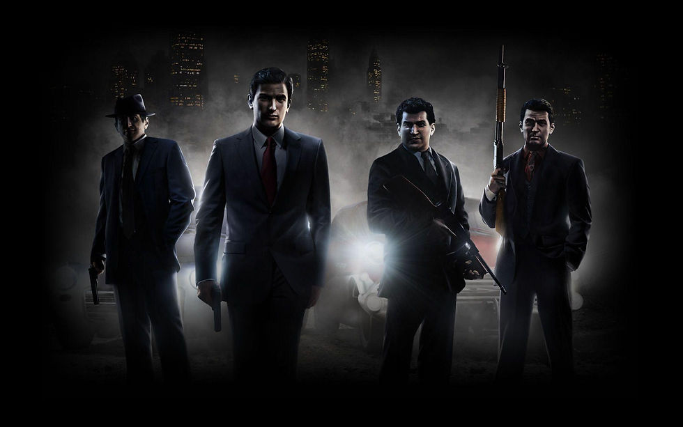 Members of the Black Mob standing in suits with guns in Mafia II: Definitive Edition artwork, representing organised crime and revenge.