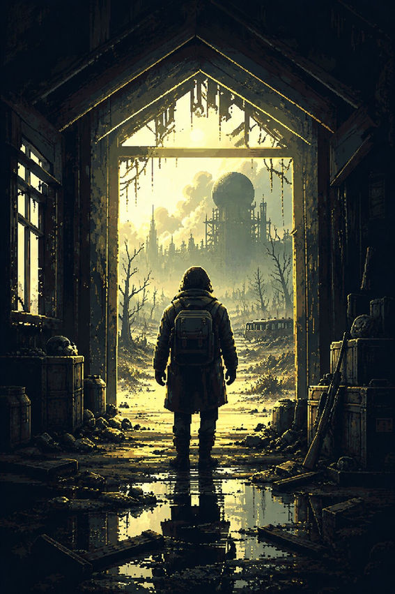 Lone scavenger with a backpack entering a ruined post-apocalyptic wasteland in Scavland.