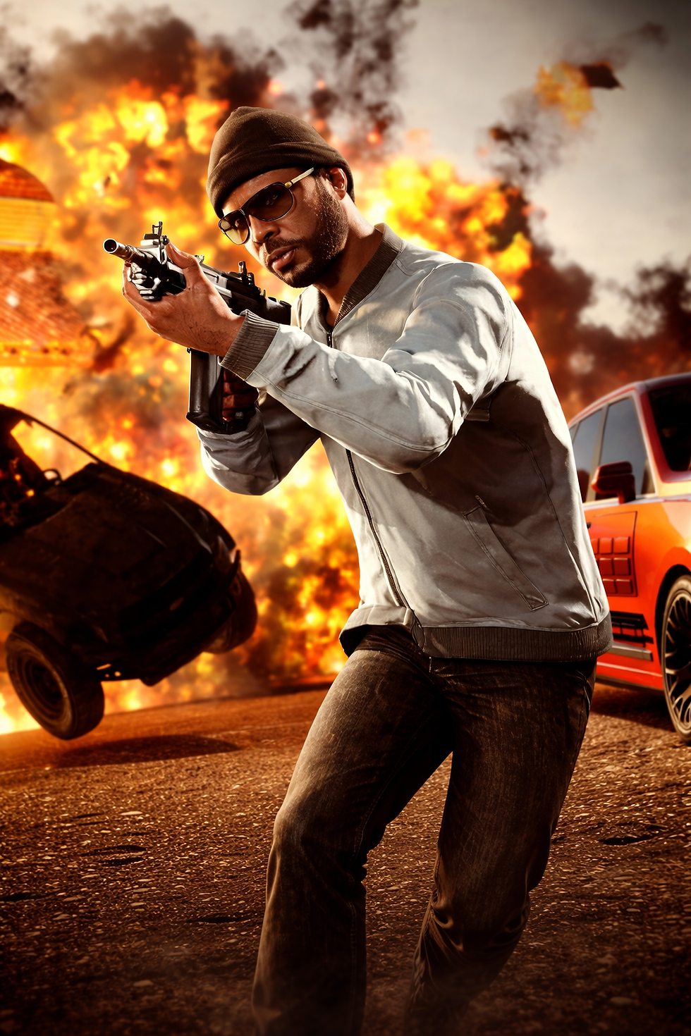 GTA Online character aiming a submachine gun during a Security Contract as explosions erupt behind him and a damaged armored SUV burns in the street, cinematic action scene.