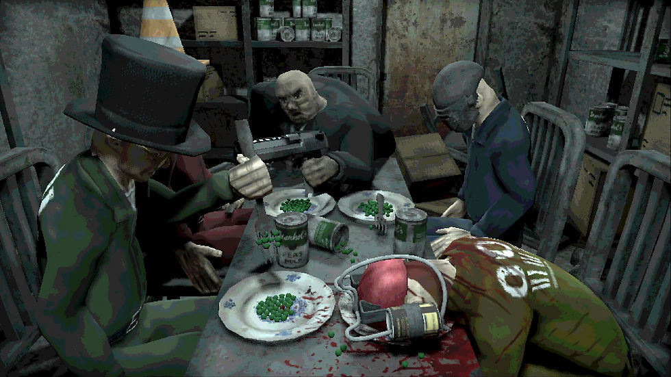 Four unsettling figures sit around a grimy metal table in a decaying industrial room, silently eating plates of green peas. One masked diner points a handgun across the table while another has collapsed face-first into a blood-soaked plate, wearing a crude head-mounted device attached to a metal canister. Rusted beds, peeling walls, scattered food tins and harsh fluorescent lighting turn the bizarre dinner into an absurd blend of horror and dark comedy.