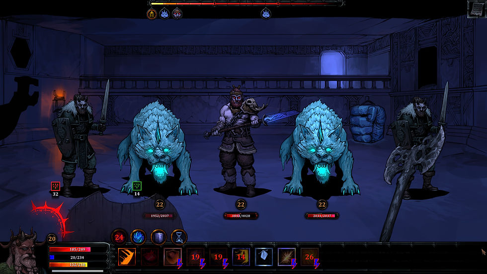 Turn-based combat in HellSlave II: Judgment of the Archon showing a horned warrior facing two glowing frost beasts and two heavily armed undead warriors inside a dimly lit fortress hall. The interface displays health, mana, cooldowns and tactical abilities, highlighting the game's dark fantasy atmosphere and timeline-based RPG combat.
