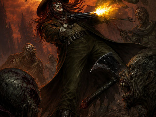 Undead gunslinger Caleb firing a shotgun into a swarm of grotesque monsters under a massive blood-orange moon in Blood: Refreshed Supply, with gothic horror creatures and burning ruins surrounding the battlefield.
