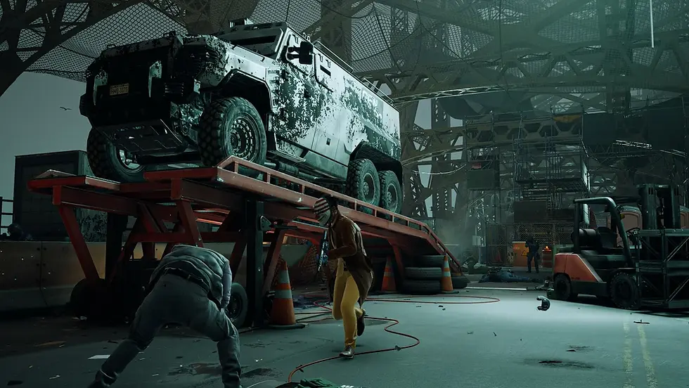 PAYDAY 3 heisters stealing an armored truck during the Road Rage heist
