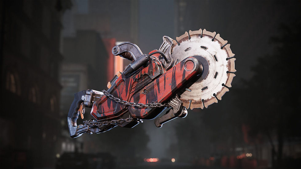 PAYDAY 3’s Sabot 9050 industrial circular saw weapon shown against a blurred dark city background.
