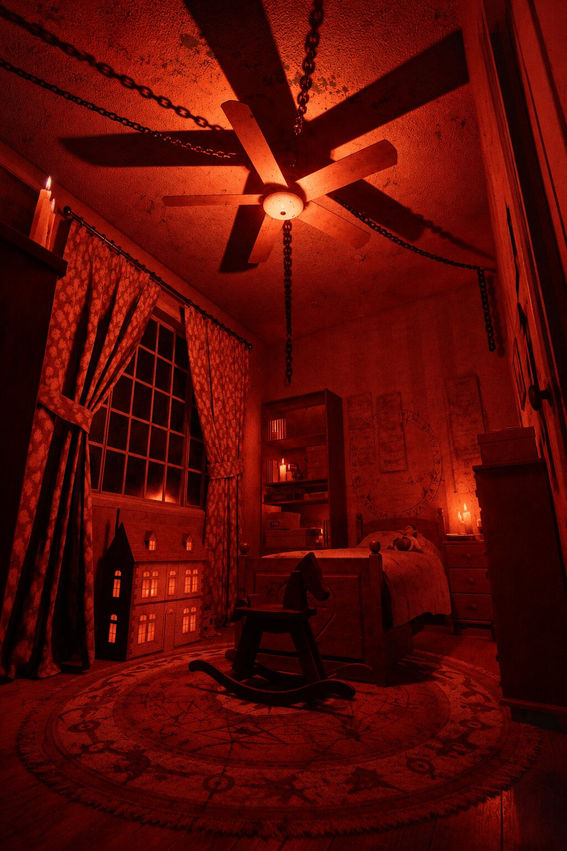 Blood-red Phasmophobia Crimson Eye bedroom with hanging chains, a rocking horse, glowing dollhouse, candles and occult symbols under a ceiling fan.