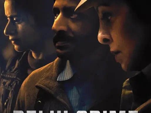Poster for Delhi Crime showing three serious-looking police officers in dim lighting, symbolizing tension and investigation in a gritty true-crime drama.