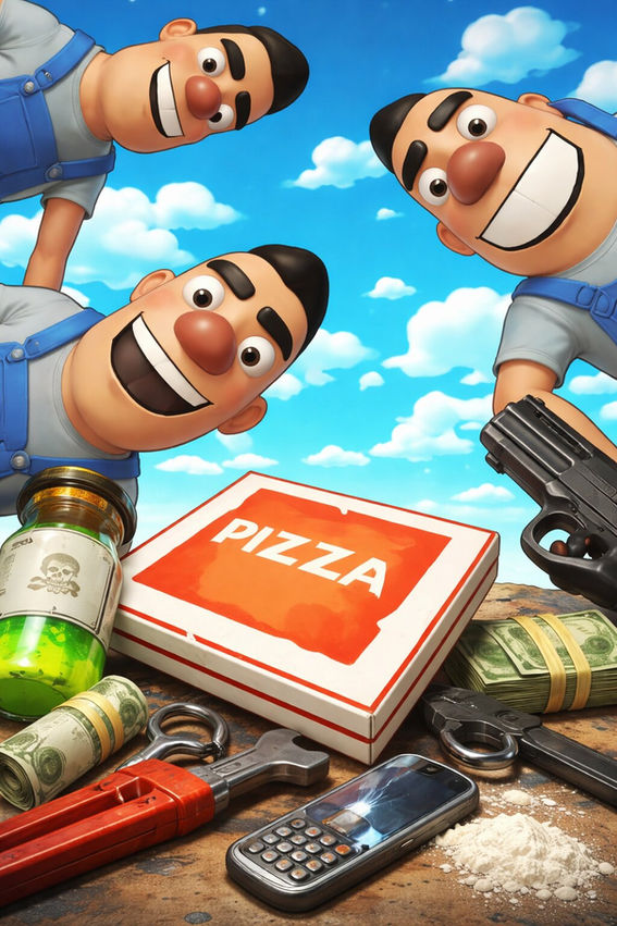 Cartoon-style movie poster showing three grinning characters leaning over a table from above, with a pizza box in the center surrounded by stacks of cash, a handgun, tools, a burner phone, and suspicious items, set against a bright blue sky with clouds, conveying a comedic yet shady crime theme.